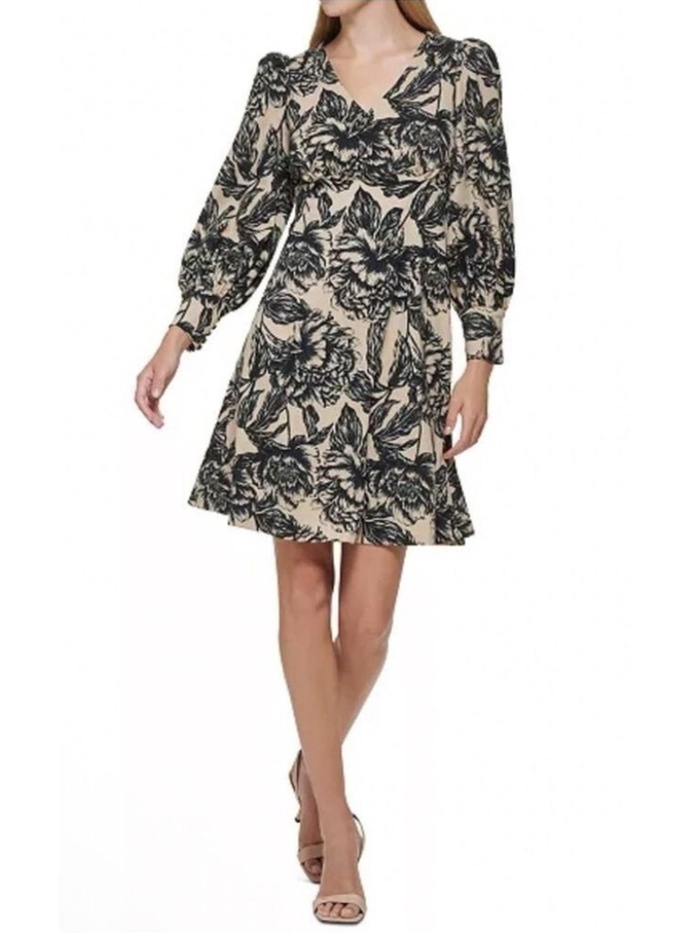 Calvin Klein Floral Printed Dress V-Neck Puff Shoulder Tan Black Career Size 14